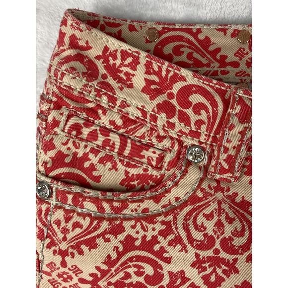 Miss Me Womens Cut Off Raw Hem Jean Shorts Red & Tan Paisley Size 27 - Picture 4 of 15